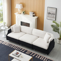 95.3" Beige Black Teddy Fleece Sofa With Two Throw Pillows - 3 Seat Sofa for Living Room