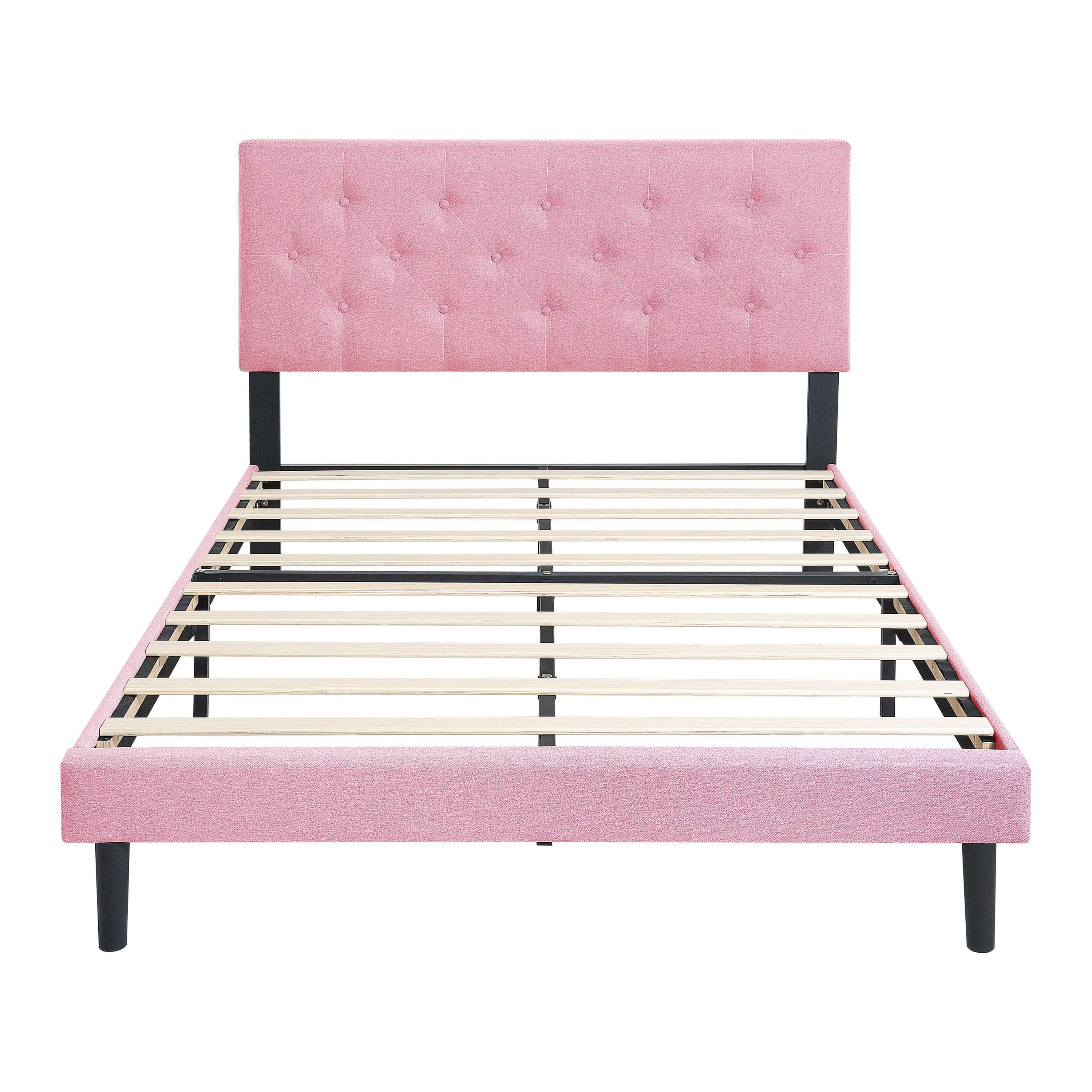 Full Size Upholstered Platform Bed Frame with Modern Button Tufted Linen Fabric Headboard, No Box Spring Needed, Wood Slat Support, Easy Assembly, pink Full Size Upholstered Platform Bed Frame with Modern Button Tufted Linen Fabric Headboard, No Box Spring Needed, Wood Slat Support, Easy Assembly, pink