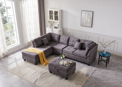 Sectional 3-Seaters Sofa with Reversible Chaise , Storage Ottoman, inlaid with copper nail ,Two Small Pillows,Grey
