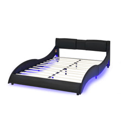 Queen Led Bed Frame Modern Faux Leather Upholstered Platform Bed Frame with RGB LED Lights and Headboard Wave Like Curve Low Profile Bed Frame,Wood Slats Support,Easy Assembly, Black