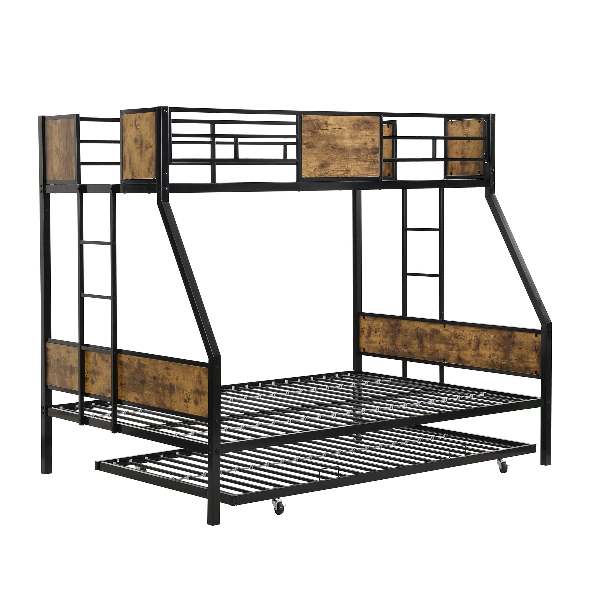 Twin Over FULL  Metal Bunk Bed  with Trundle  2 - Side Ladder and Full-Length Guardrail, No Box Spring Needed, Large Under Bed Storage, Easy Assemble , Black &  Brown Twin Over FULL  Metal Bunk Bed  with Trundle  2 - Side Ladder and Full-Length Guardrail, No Box Spring Needed, Large Under Bed Storage, Easy Assemble , Black &  Brown