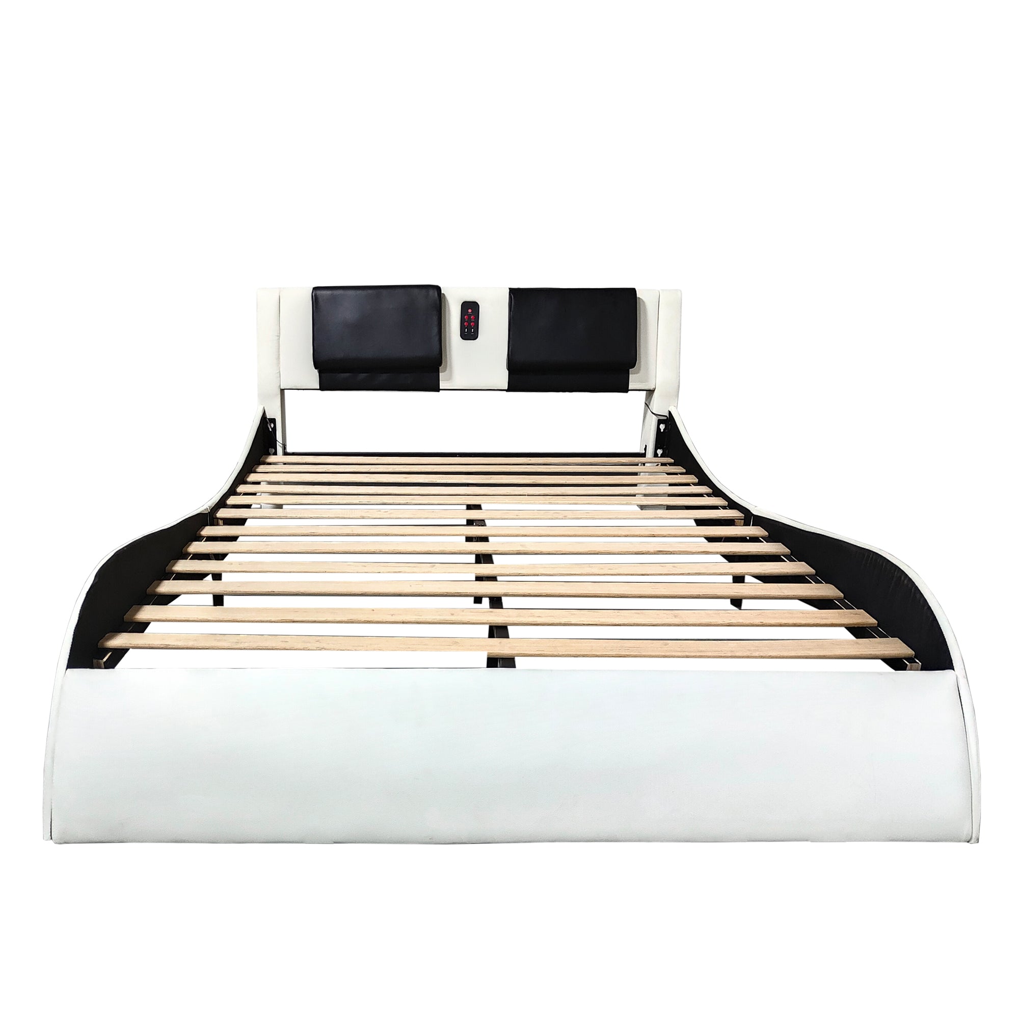 Faux Leather Upholstered Platform Bed Frame with led lighting, Bluetooth connection to play music control, Backrest vibration massage, Curve Design, Wood Slat Support, One-Carton Package, Queen Faux Leather Upholstered Platform Bed Frame with led lighting, Bluetooth connection to play music control, Backrest vibration massage, Curve Design, Wood Slat Support, One-Carton Package, Queen