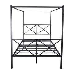 Metal Canopy Bed Frame with X Shaped Platform - Queen, Black