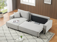 Modern Gray Corduroy Sofa Bed with Two Pillows - Sectional L-Shaped Sofa with Storage