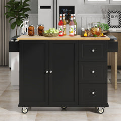 Black Rolling Mobile Kitchen Island with Solid Wood Top and Locking Wheels,52.7" Width with Storage Cabinet and Drop Leaf