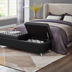 56.7" Bed Bench with Storage Black Leather