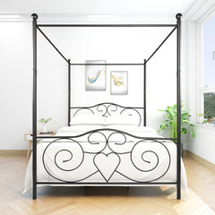 Metal Canopy Bed Frame with Vintage Headboard & Footboard - Queen, Black