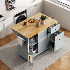 Rolling Kitchen Island with Drop Leaf & Storage, Grey Blue