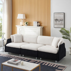 95.3" Beige Black Teddy Fleece Sofa With Two Throw Pillows - 3 Seat Sofa for Living Room