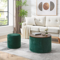 2-Piece Set Round Chenille Storage Ottoman, Equipped with a Drum Shaped Small Stool, Storage Space, and MDF Made Desktop Panel, Dark Green