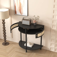 Half Moon End Table with Sliding Rattan Door & Storage Shelf