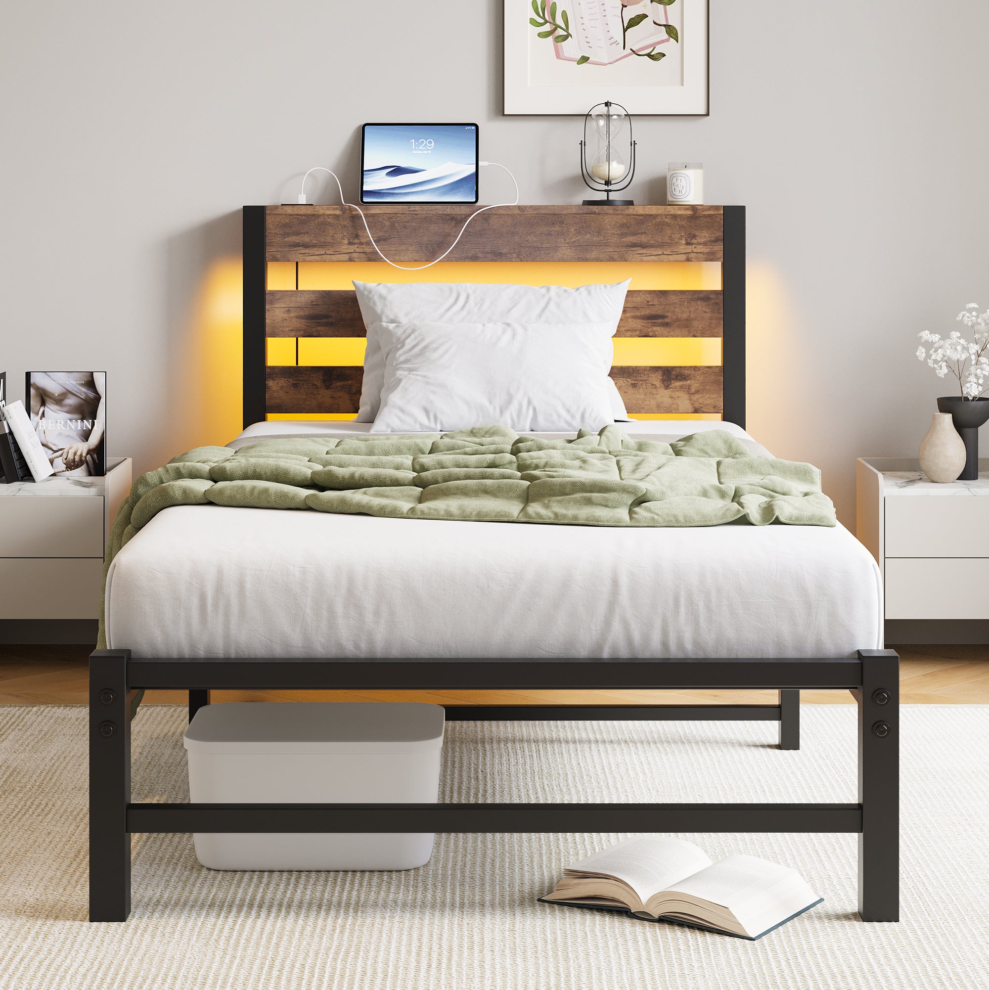 Twin Platform Bed Frame with USB, LED & Headboard, Brown Twin Platform Bed Frame with USB, LED & Headboard, Brown