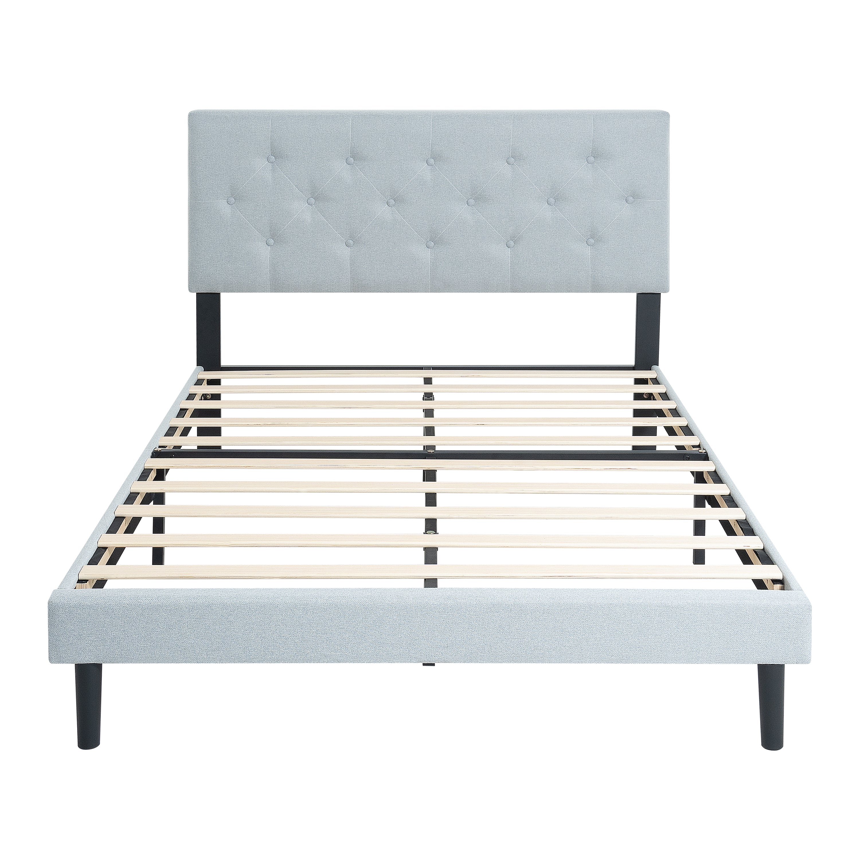 Queen Size Upholstered Platform Bed Frame with Modern Button Tufted Linen Fabric Headboard, No Box Spring Needed, Wood Slat Support, Easy Assembly, Grey Queen Size Upholstered Platform Bed Frame with Modern Button Tufted Linen Fabric Headboard, No Box Spring Needed, Wood Slat Support, Easy Assembly, Grey