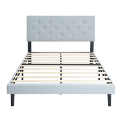 Twin Size Upholstered Platform Bed Frame with Modern Button Tufted Linen Fabric Headboard, No Box Spring Needed, Wood Slat Support, Easy Assembly, Grey