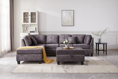 Sectional 3-Seaters Sofa with Reversible Chaise , Storage Ottoman, inlaid with copper nail ,Two Small Pillows,Grey