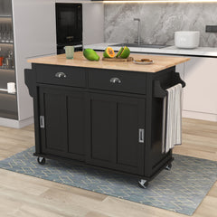 Kitchen Cart with Drop-Leaf Countertop & Sliding Barn Door, Black
