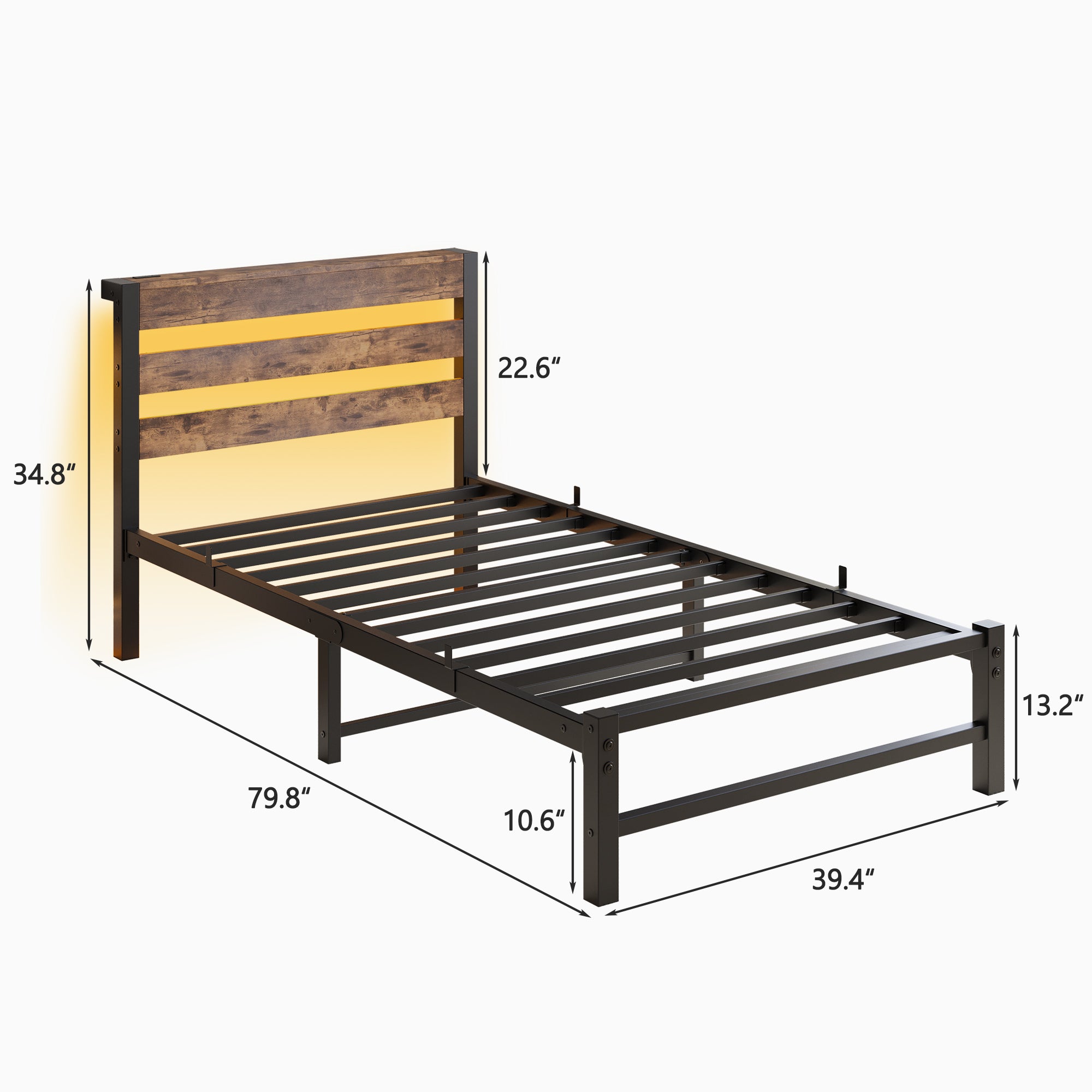 Twin Platform Bed Frame with USB, LED & Headboard, Brown Twin Platform Bed Frame with USB, LED & Headboard, Brown