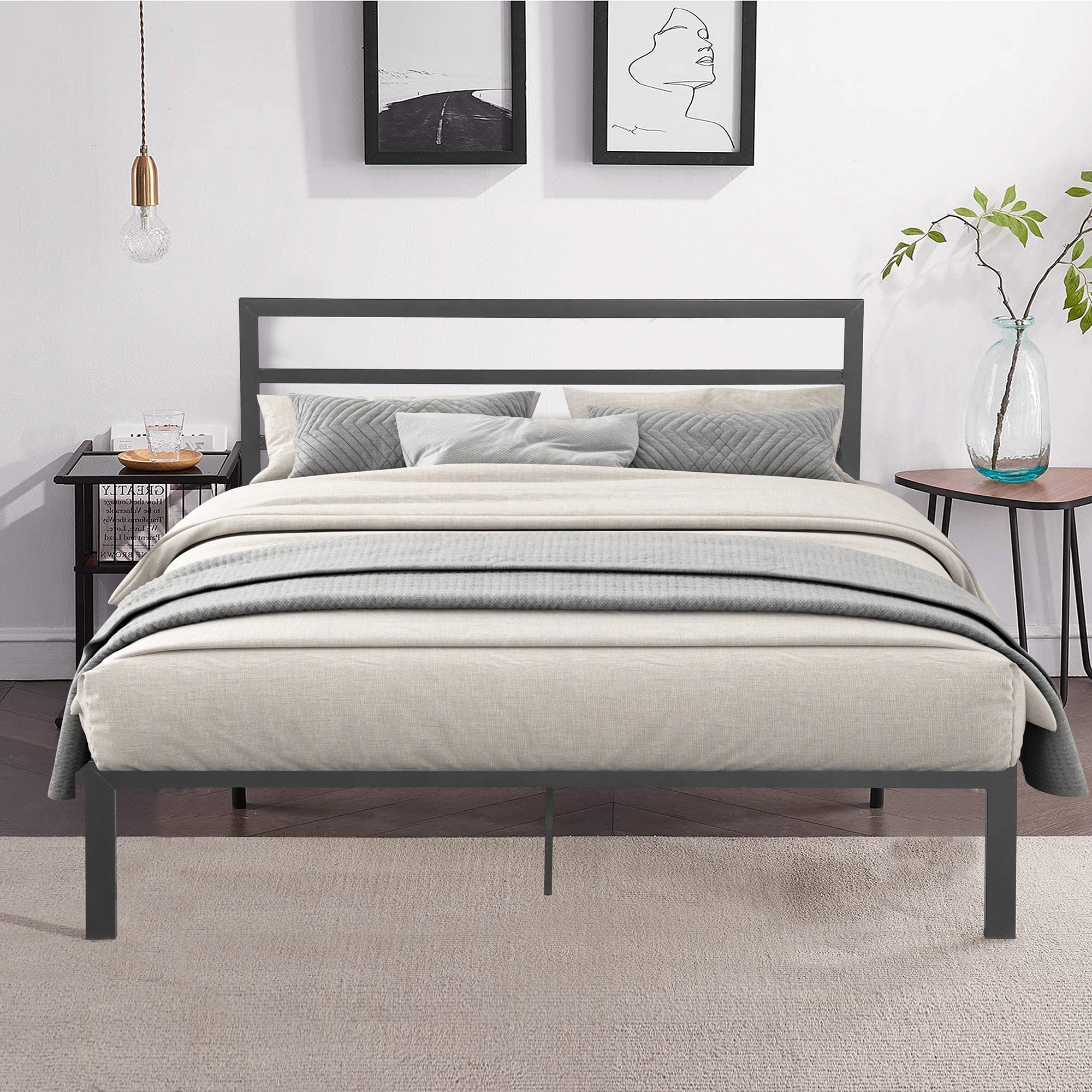 Queen Size Metal Bed Frame with Headboard Charcoal Grey Queen Size Metal Bed Frame with Headboard Charcoal Grey