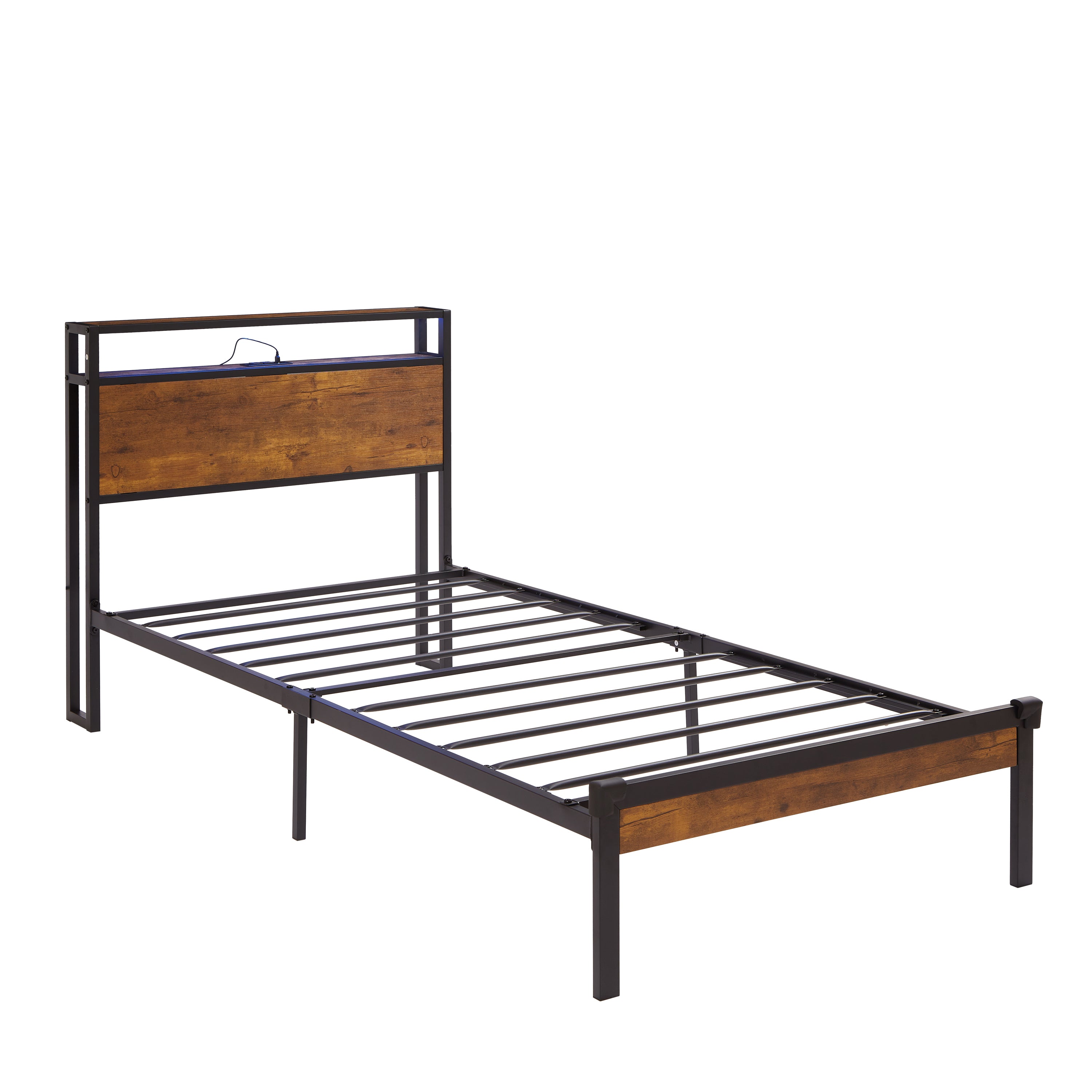 Twin Size Metal Platform Bed Frame with Wooden Headboard and Footboard with USB LINER, LED Lights ,No Box Spring Needed, Large Under Bed Storage, Easy Assemble Twin Size Metal Platform Bed Frame with Wooden Headboard and Footboard with USB LINER, LED Lights ,No Box Spring Needed, Large Under Bed Storage, Easy Assemble