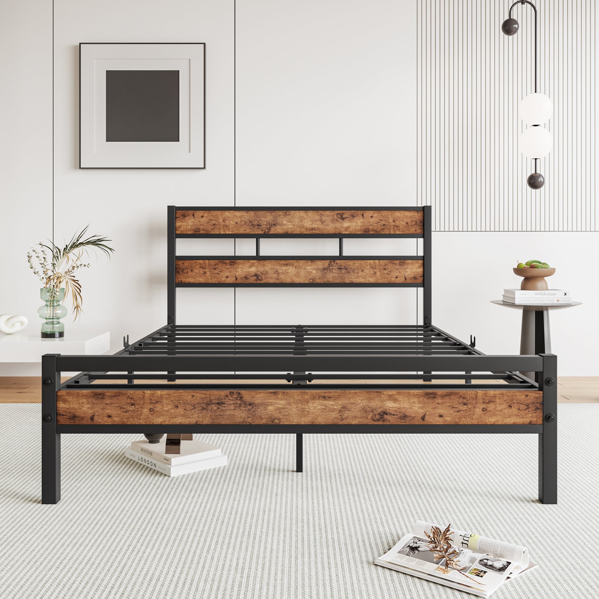 Full Platform Bed Frame, Rustic Wood Headboard, No Box Spring Full Platform Bed Frame, Rustic Wood Headboard, No Box Spring