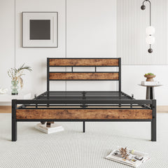 Full Platform Bed Frame, Rustic Wood Headboard, No Box Spring