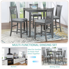5 Piece Dining Table Set for Small Space, Gray Wooden Square Table Set with 4 Upholstered Chairs