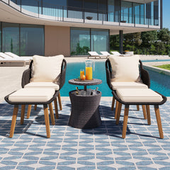 K&K 5-Piece Garden Patio Furniture Chair Set with Wicker Cool Bar Table and Ottomans for Porch, Backyard, Balcony, Poolside Black & Beige