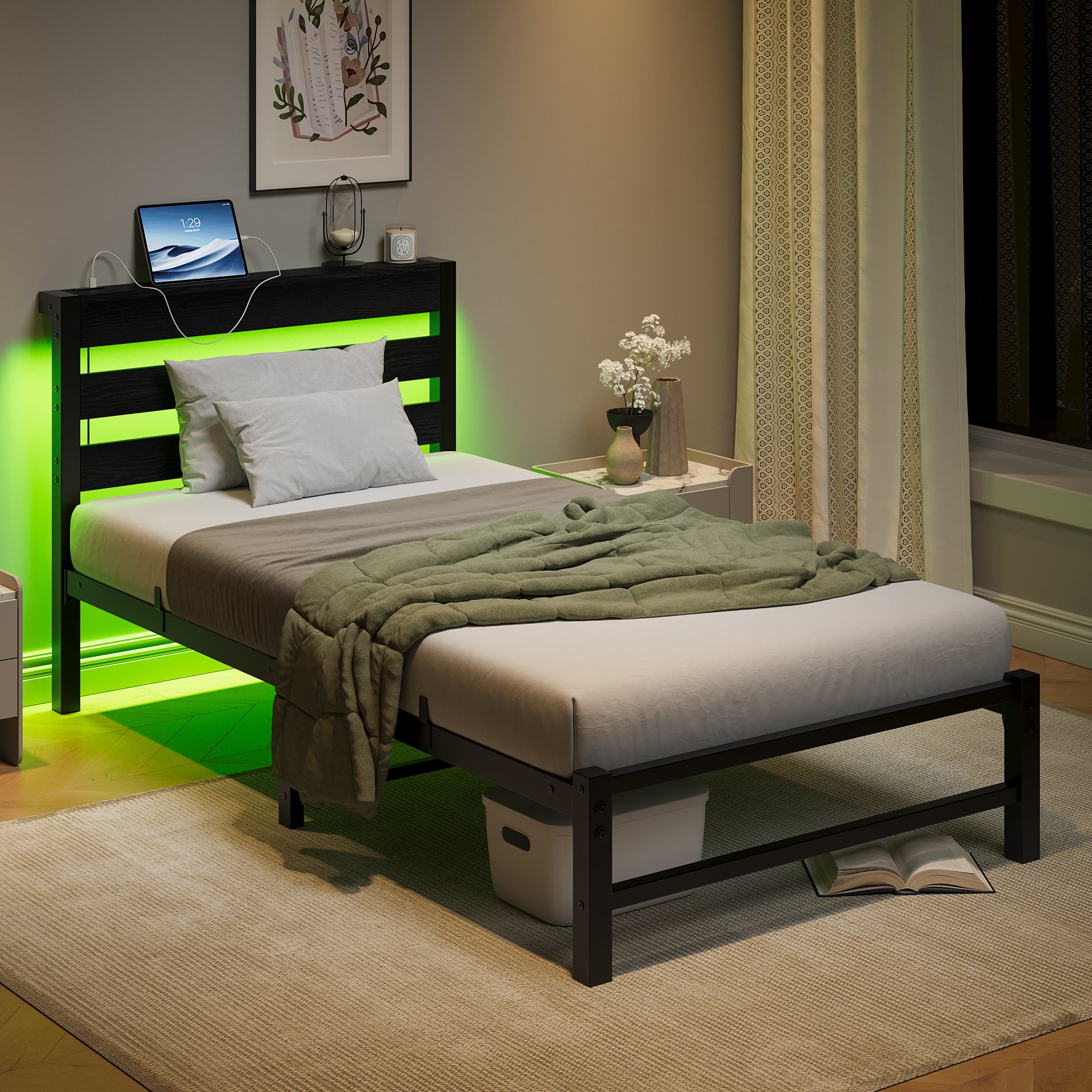 Twin Platform Bed Frame with USB, LED & Headboard, Black Twin Platform Bed Frame with USB, LED & Headboard, Black