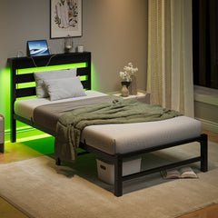 Twin Platform Bed Frame with USB, LED & Headboard, Black