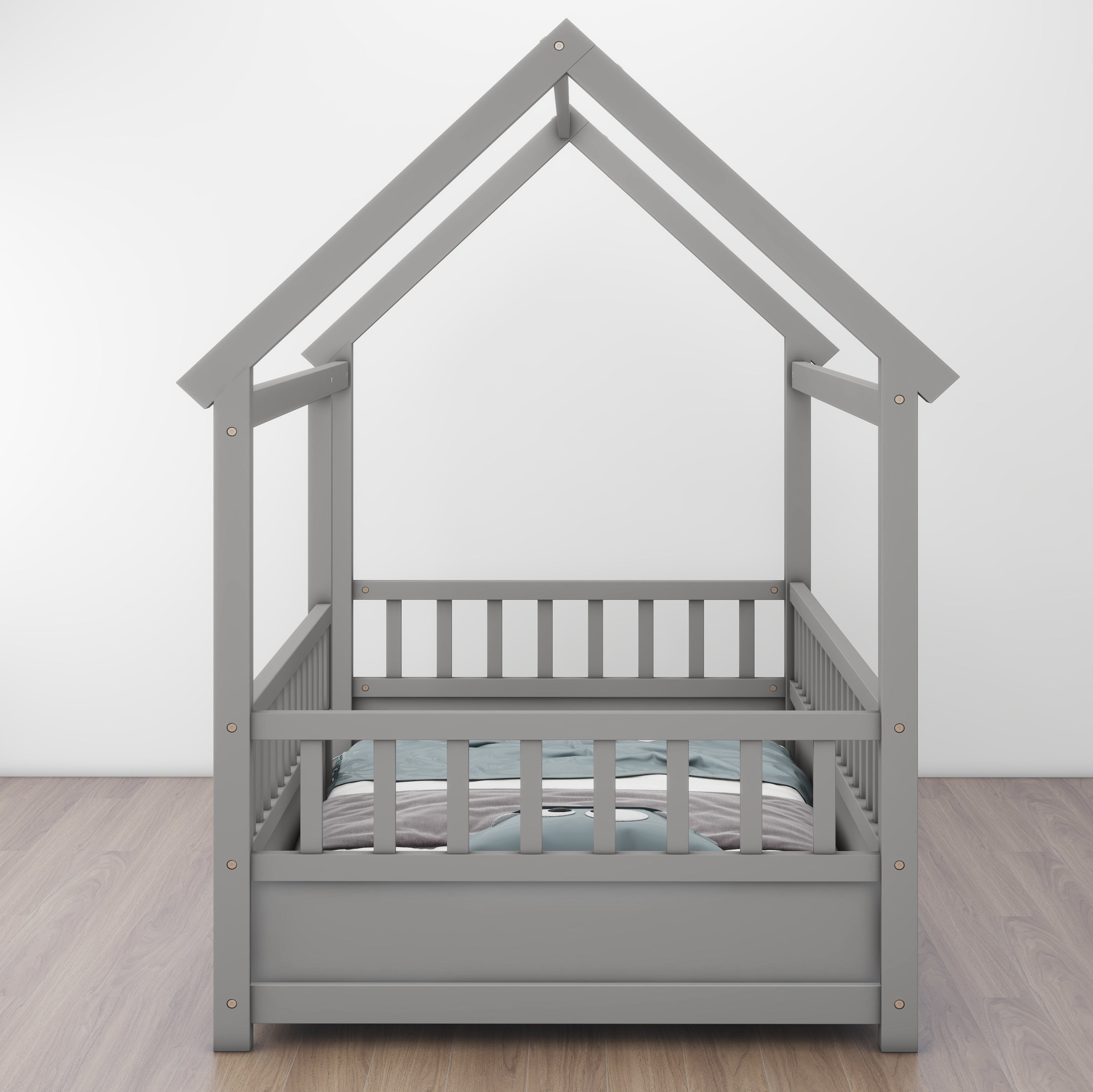 Twin Size Floor Wooden Bed with House Roof Frame, Fence Guardrails,Grey Twin Size Floor Wooden Bed with House Roof Frame, Fence Guardrails,Grey