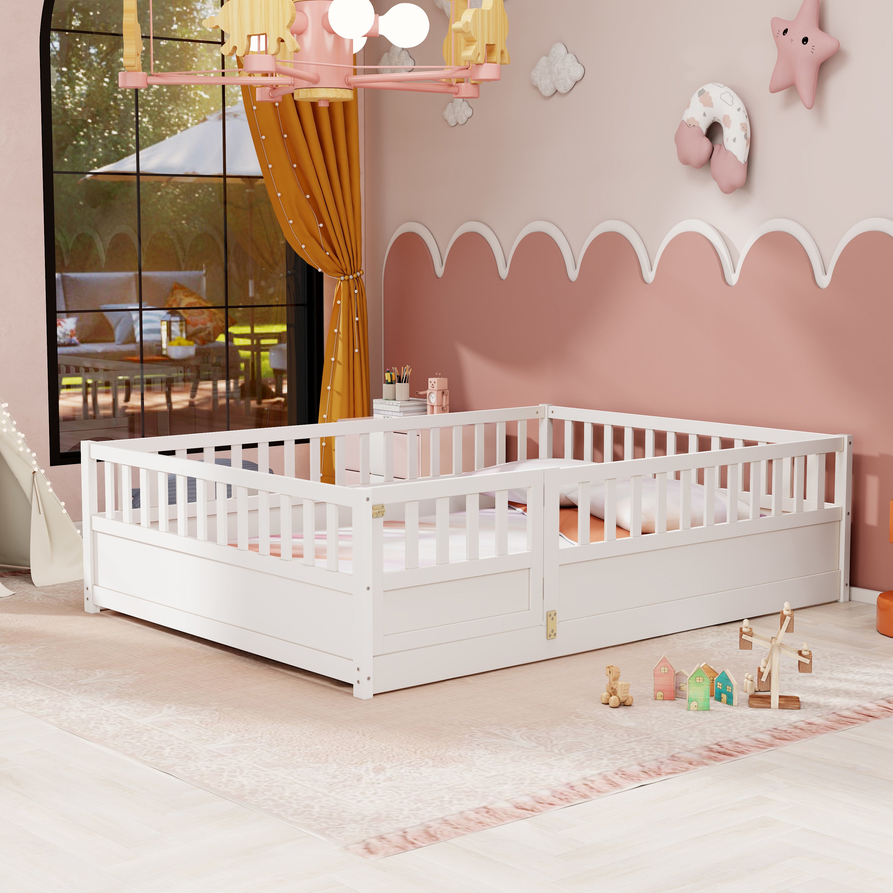 Full size  Floor bed, integral construction with super high security barrier, door, children's floor bed frame, Montessori wooden children's floor bed, white Full size  Floor bed, integral construction with super high security barrier, door, children's floor bed frame, Montessori wooden children's floor bed, white