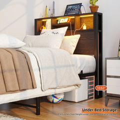 Twin Bed Frame with Storage Headboard, Charging Station & Bookcase