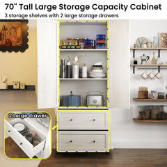 70" Tall Kitchen Pantry Cabinet with 2 Drawers & Shelves, Antique White