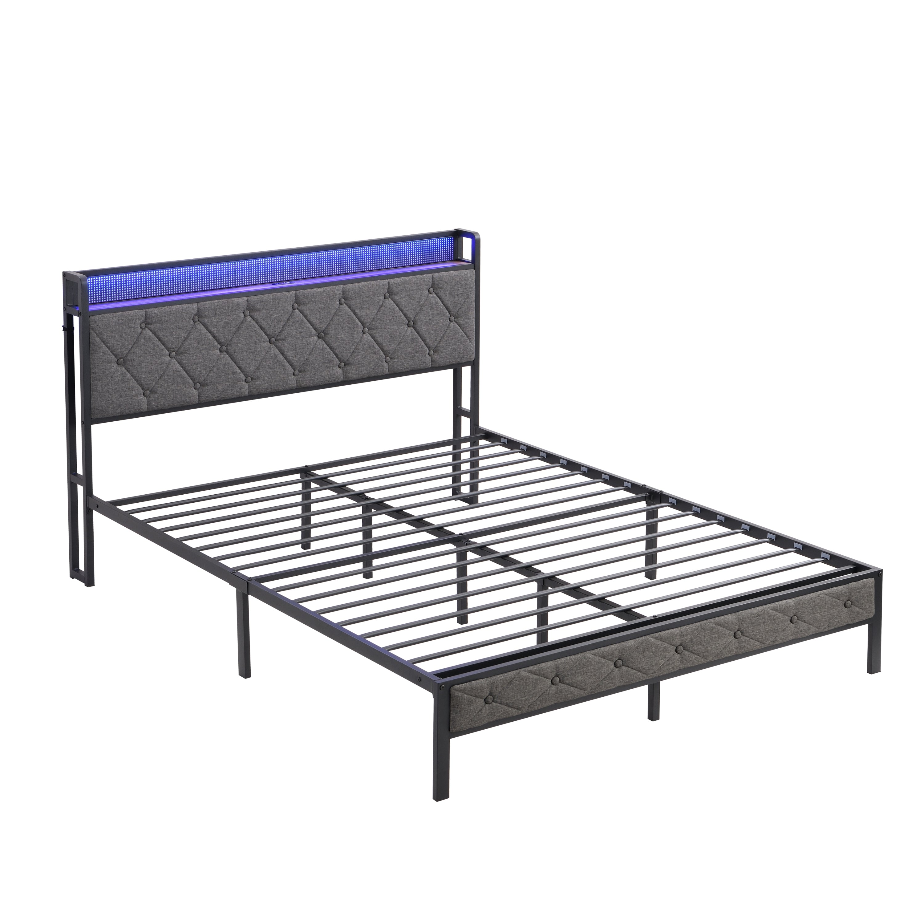 Full Bed Frame with Storage, Charging Station & LED Lights, Gray Full Bed Frame with Storage, Charging Station & LED Lights, Gray