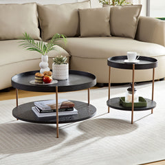 2-Tier Nesting Coffee Table Set, Modern Round Side Tables for Living Room, Black MDF