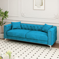 Luxurious 83" Blue Velvet 3-Seater Sofa with 2 Pillows - Perfect Design for Living Room