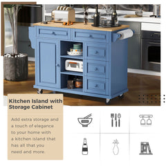 Kitchen cart with Rubber wood desktop rolling mobile kitchen island with storage and 5 draws 53 Inch length, Blue