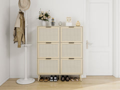 Rattan 6 Door Shoe Rack, Freestanding Modern Shoe Storage Cabinet, for Entryway