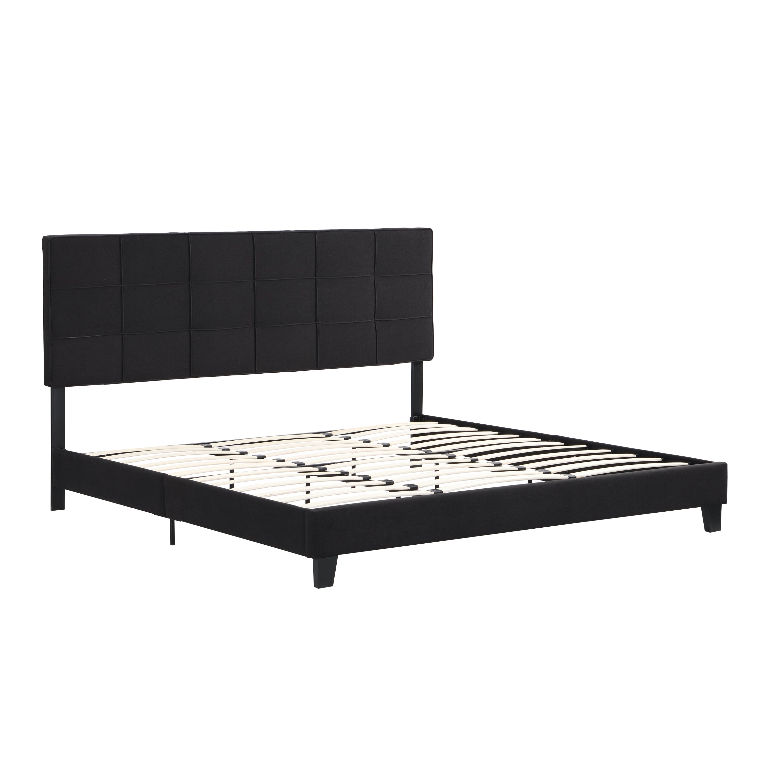 King Size Upholstered Platform Bed Frame with  Linen Fabric Headboard, No Box Spring Needed, Wood Slat Support, Easy Assembly, BLACK King Size Upholstered Platform Bed Frame with  Linen Fabric Headboard, No Box Spring Needed, Wood Slat Support, Easy Assembly, BLACK