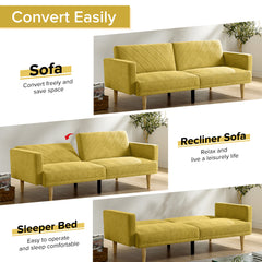 Convertible Futon Sofa Bed with Wood Legs, Yellow Fabric