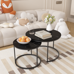 Nesting Coffee Table Set of 2, 27.6inch Round Coffee Table Wood Marble Pattern Top with Sturdy Metal Frame, End Table Side Tables for Living Room Bedroom Balcony Yard (Black)