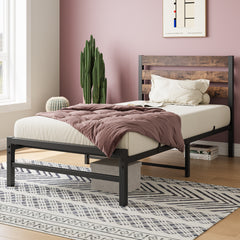 Twin Platform Bed Frame, Rustic Wood Headboard, Brown