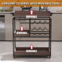 3-Tier Rolling Serving Cart with Lockable Wheels, Wine & Beverage Trolley with Trays