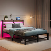 Full Metal Bed Frame with Wood Headboard, RGB Lights & USB