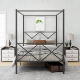 Metal Canopy Bed Frame with X-Shaped Frame - Full, Black