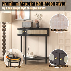 Half Moon End Table with Sliding Rattan Door & Storage Shelf