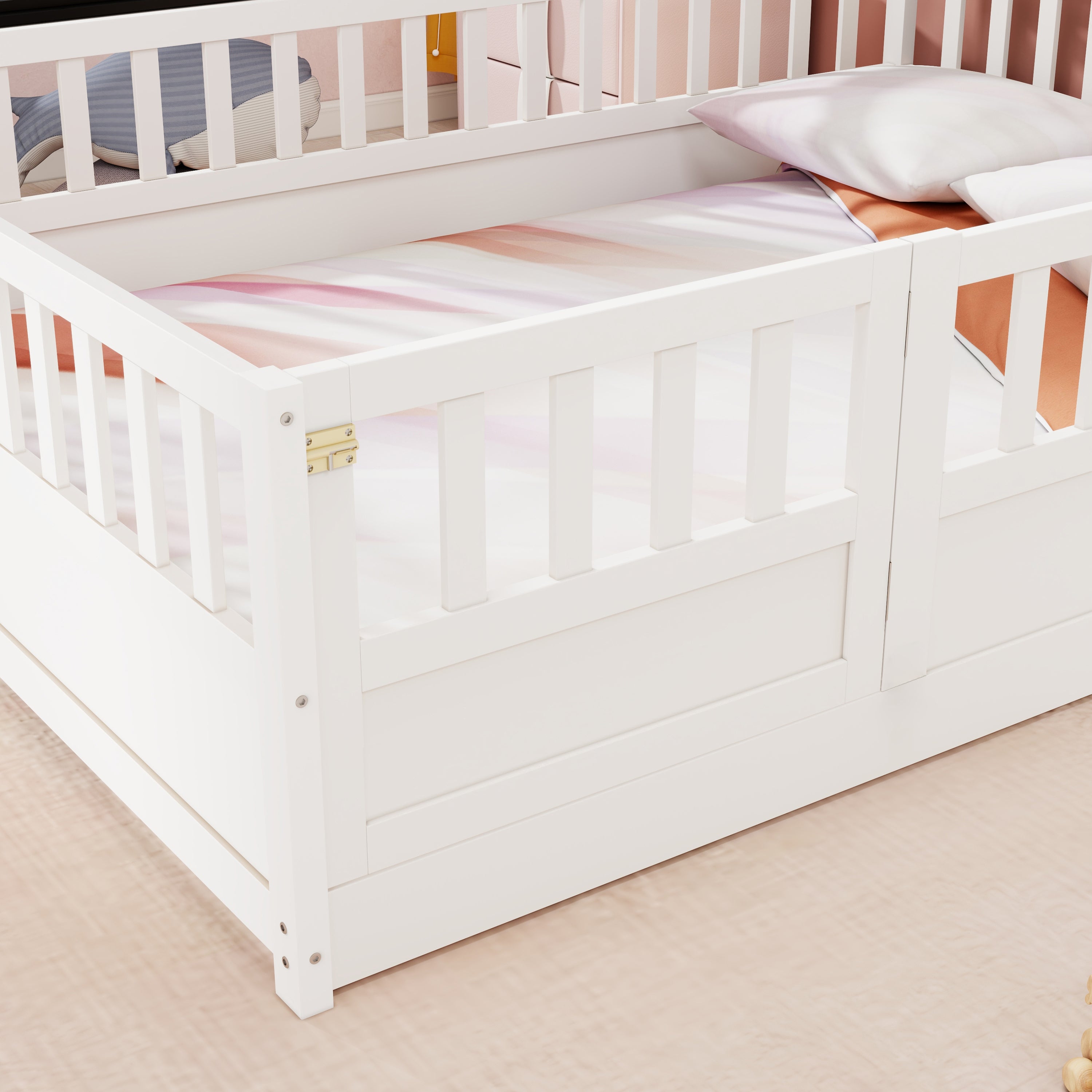Full size  Floor bed, integral construction with super high security barrier, door, children's floor bed frame, Montessori wooden children's floor bed, white Full size  Floor bed, integral construction with super high security barrier, door, children's floor bed frame, Montessori wooden children's floor bed, white