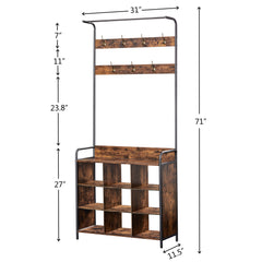 Hall Tree with Shoe Rack, 3-in-1 Entryway Coat Rack with Hooks