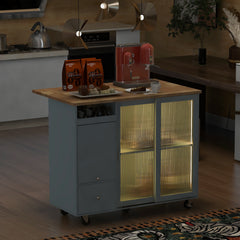 Kitchen Island with Drop Leaf, LED Lights & Adjustable Shelf, Grey Blue