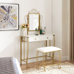 Vanity Table Set with Mirror & Stool, Vintage White